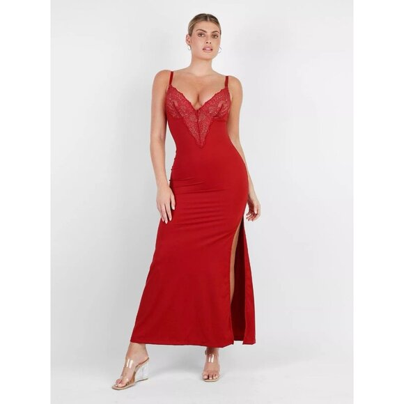 Popilush Dresses & Skirts - Popilush The Shapewear Slip Maxi Dress Women's M Red Lace Slit Adjustable Y2K